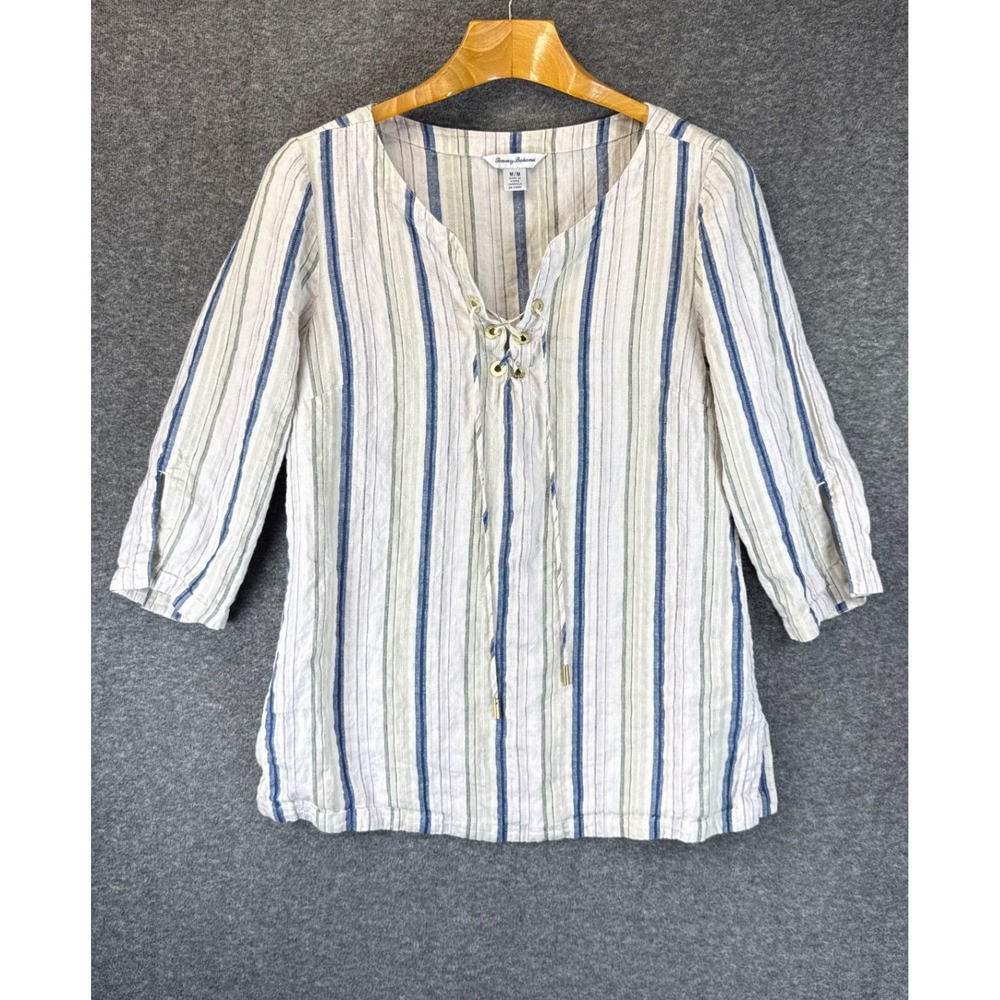 Tommy Bahama Tunic Women M Chic Striped Boho Lace Up Linen 3/4 Sleeve Top Cruise